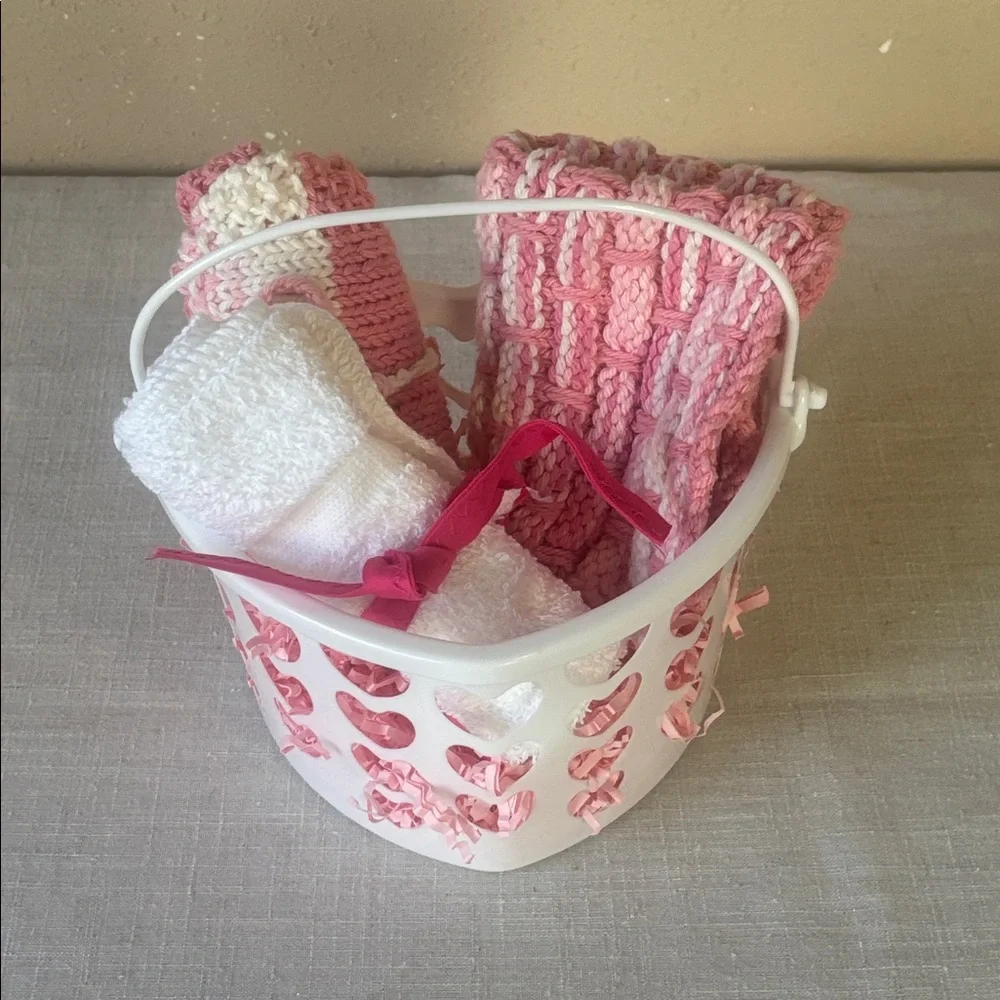 Handmade Bibs & Baby Washcloth in Heart Basket